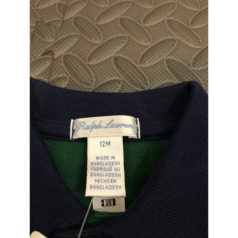 Ralph Lauren Coverall Baby Boy 12M Navy Green Yellow Colorblock Polo Romper